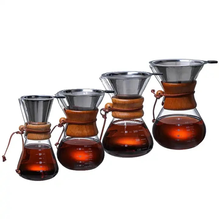Hot Selling Heat Resistant Glass Pour Over Hand Coffee Maker Stainless Steel Filter Coffee Dripper Coffee Pot