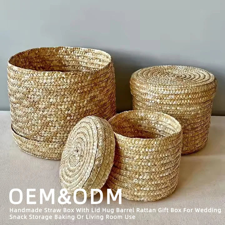 Handmade Sustainable Straw Rattan Box with Lid Hug Barrel Gift Box for Wedding Snack Storage Space-Saving Living Room Use