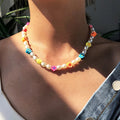 Y2K Bohemian Summer Beach Colorful Imitation Pearl Link Chain Flower Shaped Choker Necklace for Children's