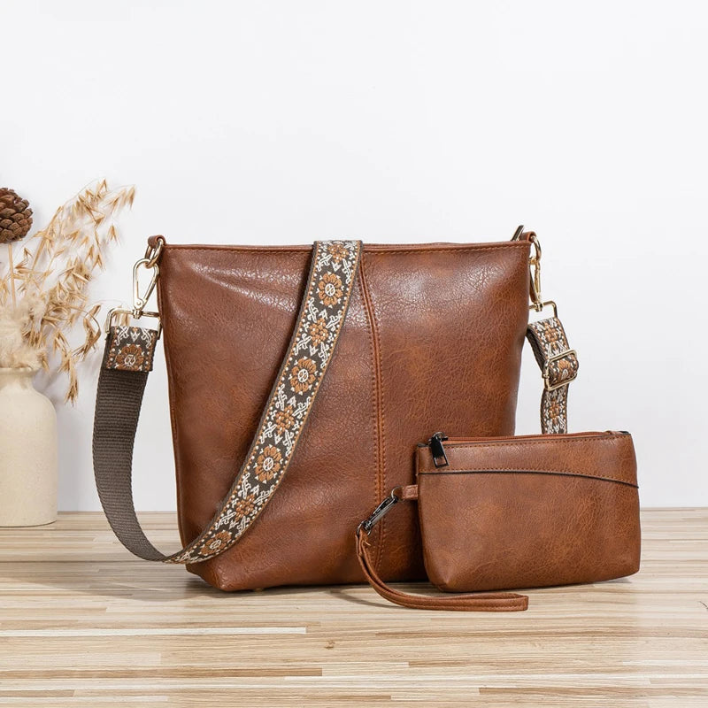 New Wholesale Colorful Strap Portable Cross-body Large-capacity Bucket Bag Solid Color PU Leather Women's Bag