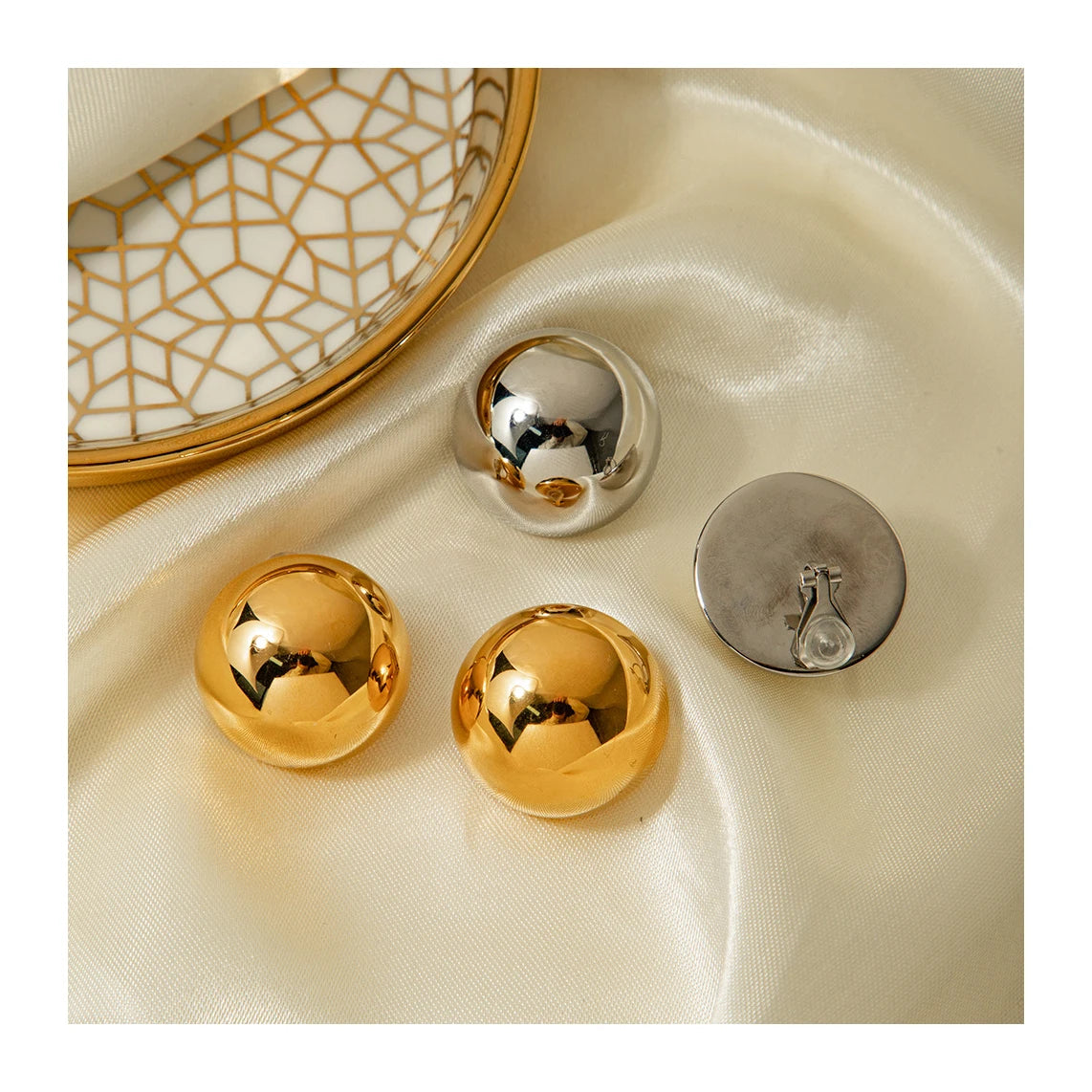 ERESI Minimalist Stainless Steel Jewelry Oval Stud Earrings 18K Gold Plated Women Big Huge Chunky Flat Hall Ball Earrings Cuff