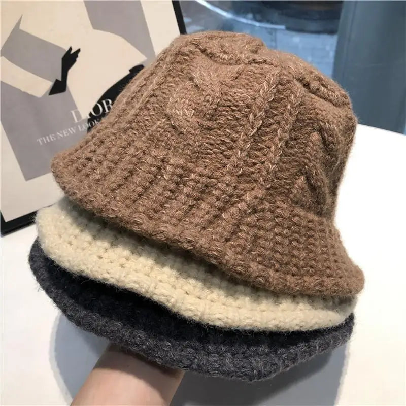 Autumn/Winter Thick Wool Bucket Hat Denim Fabric Letter Pattern Warm Knitted Fisherman Hat for Outdoor Use Nazun Unisex 58-60cm