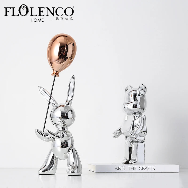 Flolenco Electroplated Ceramic Decoration Animal Sliver Rabbit Porcelain Luxury Home Decor Ceramic Home Decor Accessories