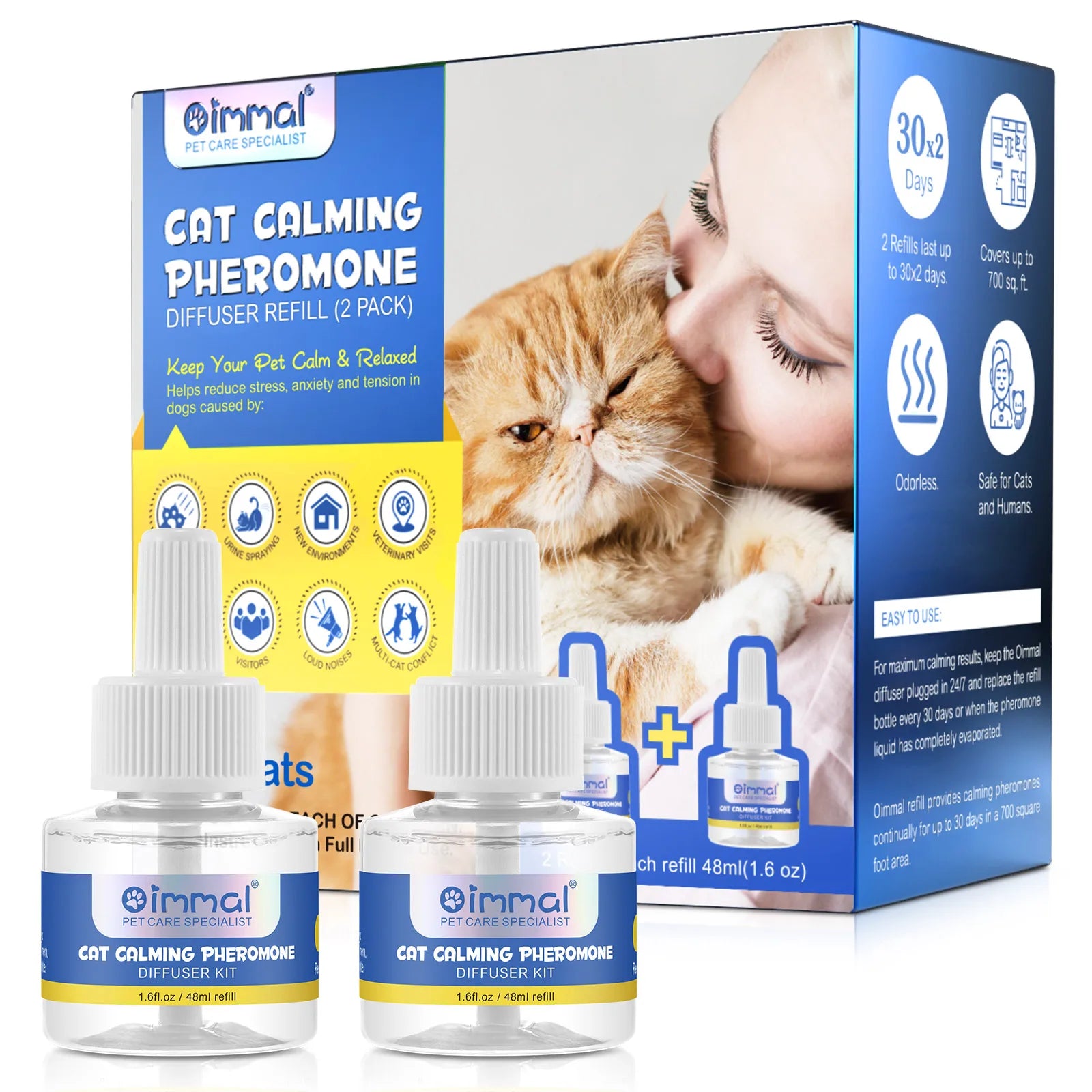 Oimmal Custom 2 Pack Multi-Cat Calming Pheromones Diffuser Refills Value Kit for Reduce Cat Fighting Spraying Scratching