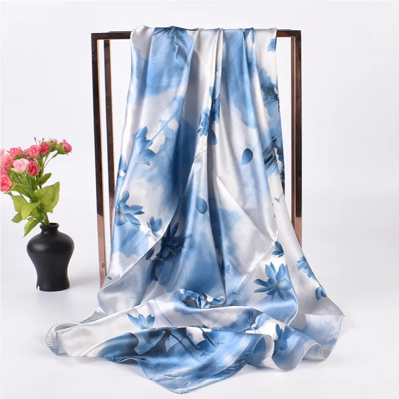 2024 Stock Wholesale New Lady Silk Scarf Fashion Retro Lotus Pattern Printing 90*90 Satin Large square Scarf