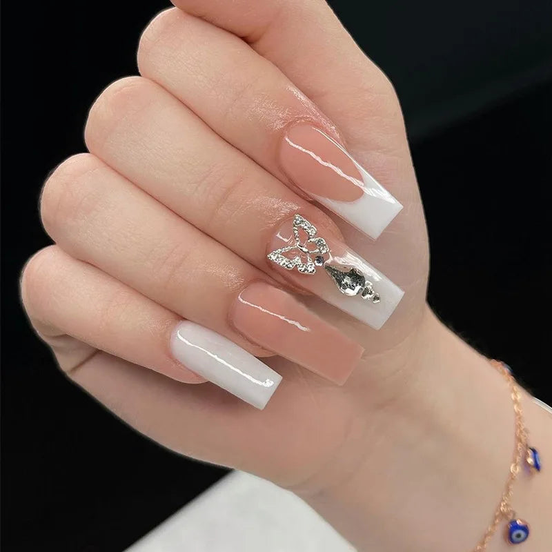 Latest Trendy Luxury Nails Long Ballerina White French Nude Ombre Press on Nails Artificial Nails