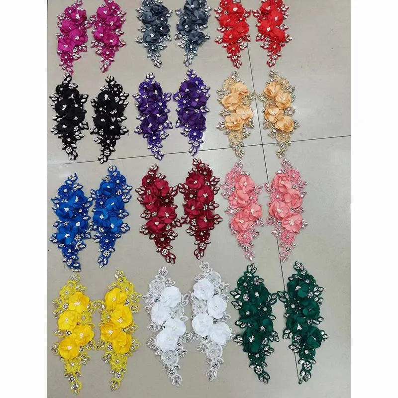 Cheap Wholesale Diy Luxury Stitched Beaded Lace Applique 3D Flower Motif Diamond Rhinestone Patches Sewing Chiffon Fabric Lace