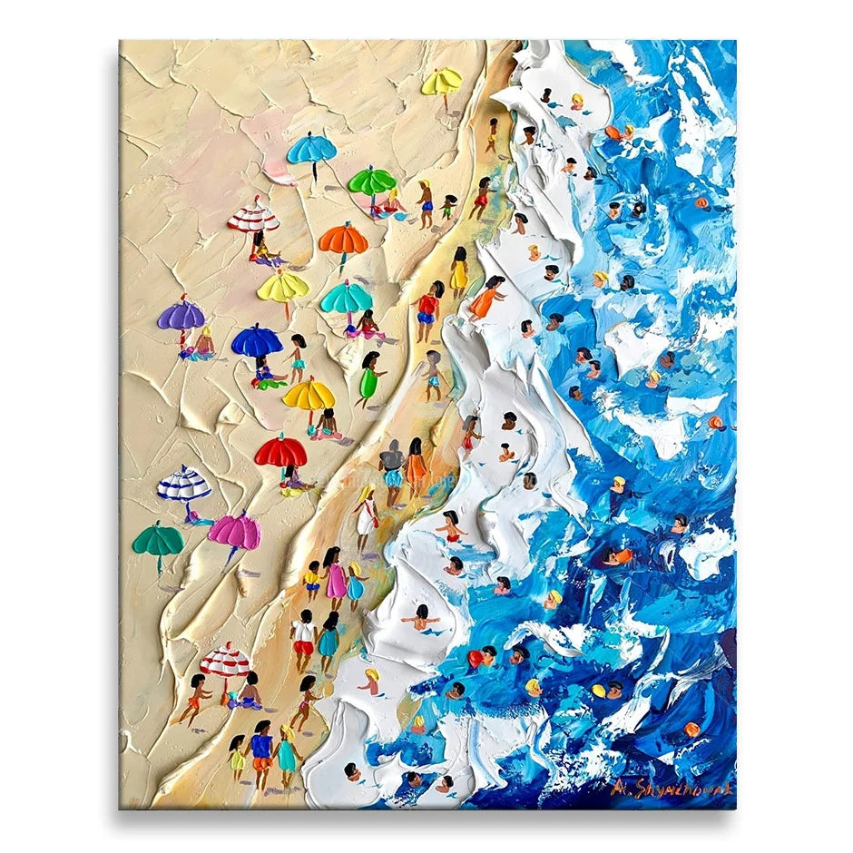 Modern Paintings Picture Abstract People on the Beach Palette Knife Heavy Oil Painting by Palette Knife on Canvas Wall Decor