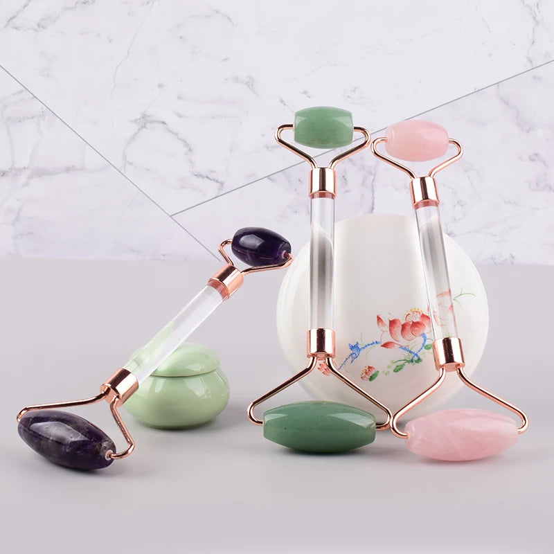 HZ Cheap Factory Price Facial Massager Straight Rod Glass Handle Rose Quartz Roller Amethyst Green Jade With Logo Customization
