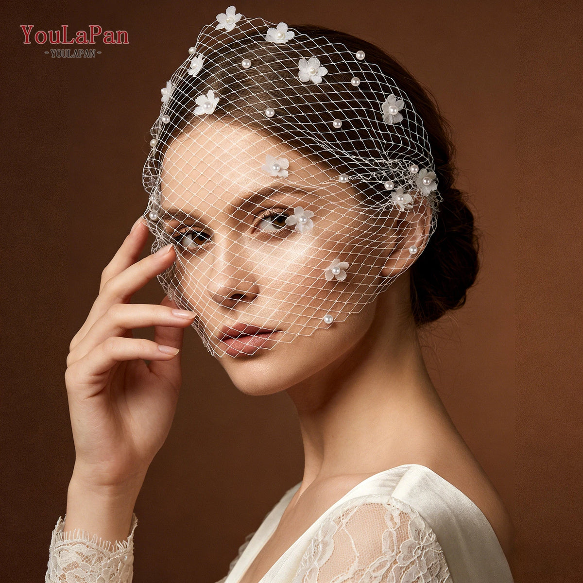 YouLaPan VA15 Exquisite Woman Cocktail Party Face Veil Mesh Pearl Long Cover Birdcage Veil with Hair Comb MegaBDM