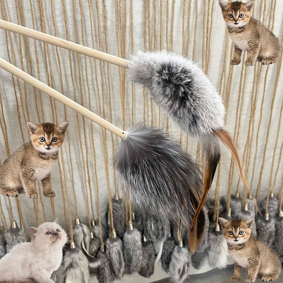 Fun Interactive Wood Stick Cat Toy Kitten Mouse Toy With Rabbit Fur Durable Pet Product With Animal Fur Material