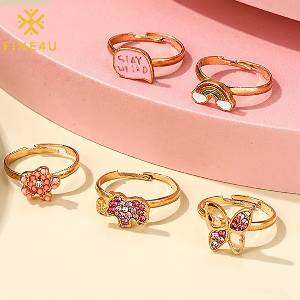 Cute Girls Children Toy Jewelry Gold Plated Rainbow Butterfly Crystal Oil Drop Enamel Rings for Kids