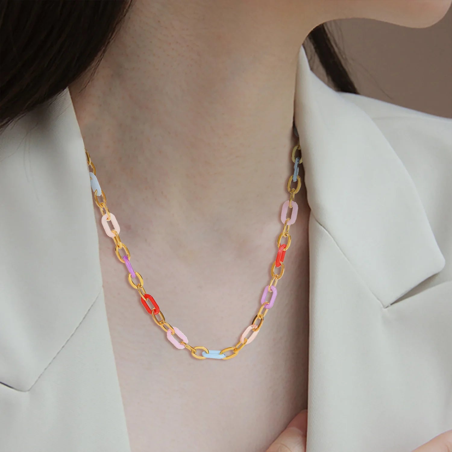 Fashion Personality Creative Stainless Steel Hip Hop Chain Necklace for Women 18K Gold Colorful Trendy Style
