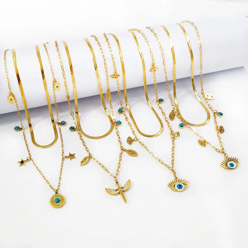 Custom Design Stainless Steel Gold Plated Turquoise Eye Charms Double Layer Clavicle Chain Necklace Fashion Jewelry for Woman