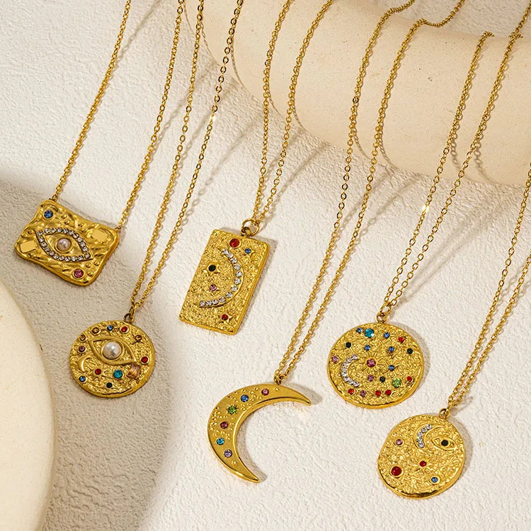NS1390 Non Tarnish Funky Gold Plated Stainless Steel Colorful Multi Colored Rhinestone Moon Celestial Chain Necklace for Women
