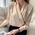 S-2XL Spring and Autumn New Design Sense Professional Shirt Cross V-neck Long Sleeved Shirt Versatile Satin Top