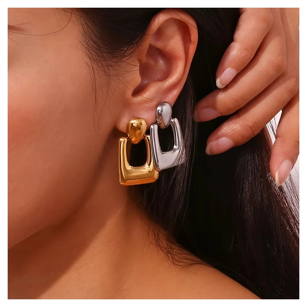 Personality Fashion Hollow Square Drop Earrings 18k Gold Plated Stud Earrings Stainless Steel Jewelry for Women Girls
