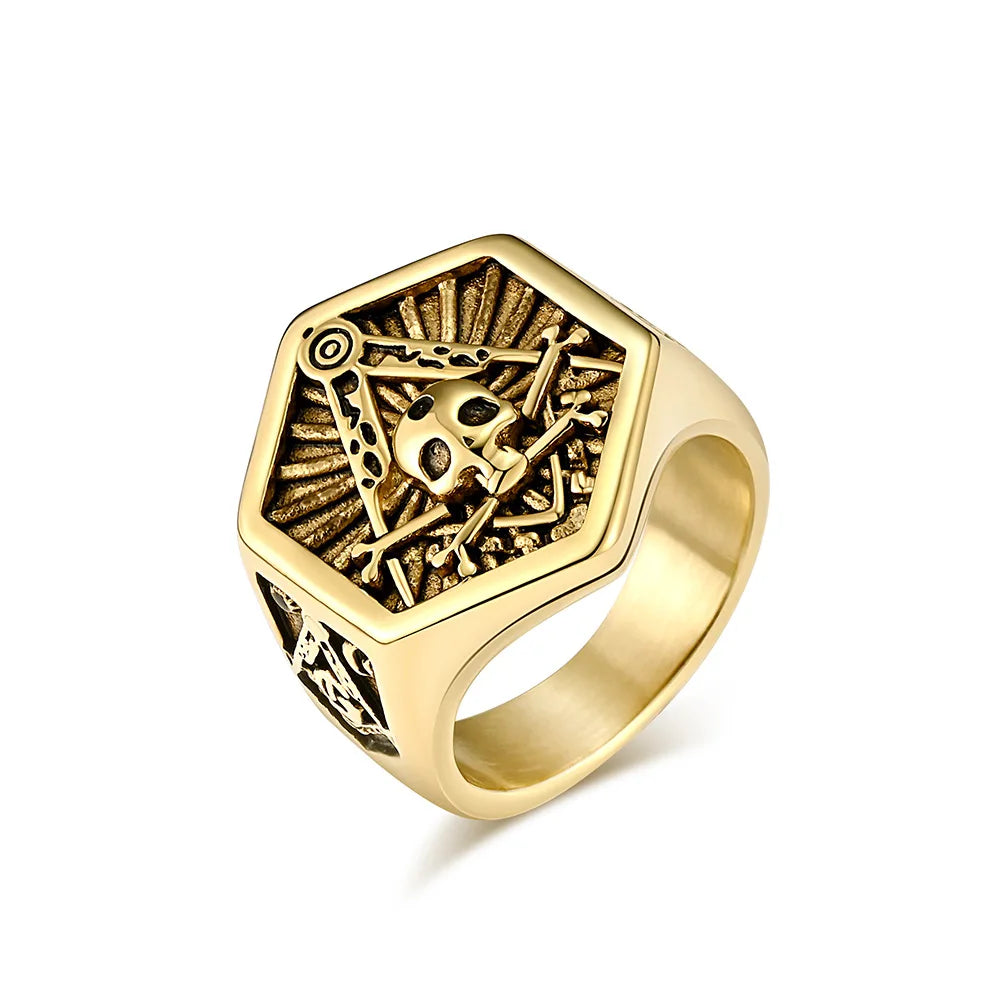In Stock Skull Masonic G Brotherhood Titanium Steel Rings Men Rings Retro Stainless Steel Fashion Jewelry Wholesale