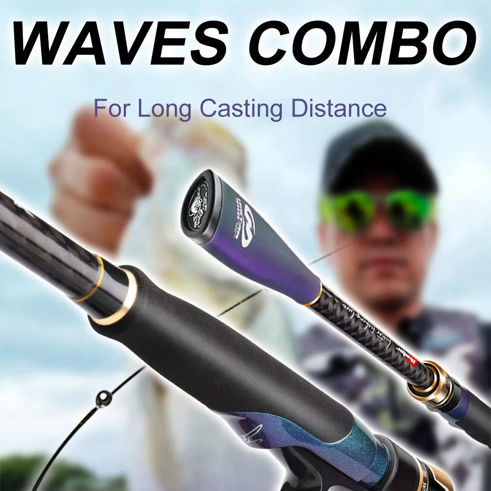 HISTAR Waves Fishing Combo for High Carbon Long Casting Rod Black Mamba E Light Weight Metal Spool Spinning Reel Stream River