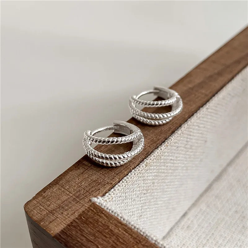 New 925 Sterling Silver Three-Layer Twist Round WOmen Ear Hoop Earrings