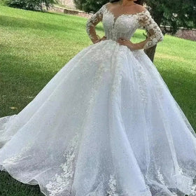 S8254F Beaded Puffy 3DFlower Lace Gown New Arabic Dubai Crystal Wedding Gowns Dress Bridal Luxury Beaded