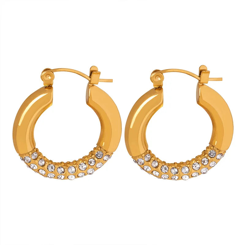 Vintage Ins Style Personalized Circle Inlaid Rhinestone Zircon Design Eardrops Earrings Titanium Steel 18k Gold Plated Jewelry