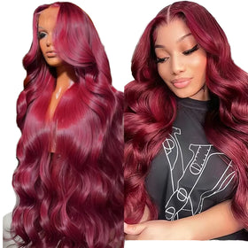 Top Quality Cheaper Body Wave Frontal Lace Human Hair Wig 99J Color Human Hair Pre Plucked 300% Density Wig for Black Women