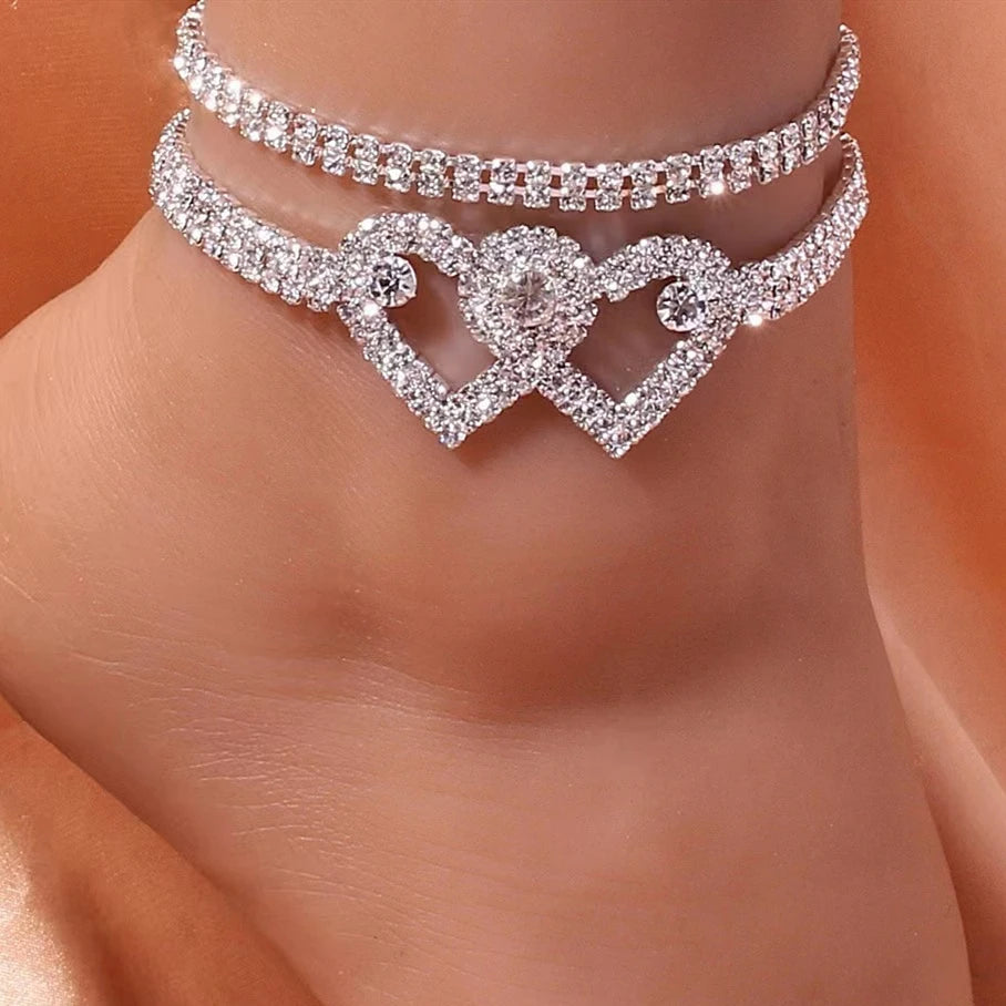 Girlfriend Beautiful Anklet Jewelry Versatile Beach Multi-layers Rhinestones Anklet Romantic Double Heart Anklet Gifts for Women