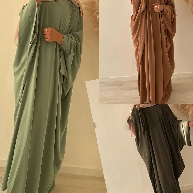 2024 New Abaya Women's Bat Sleeve Middle East Dubai Loose Long Sleeve Solid Color Large Size Dress for Muslims