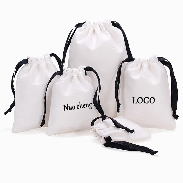 Beige Canvas Cotton Drawstring Pouch Custom Logo Printed Jewelry Packaging Small Cloth Bag Storage Bags