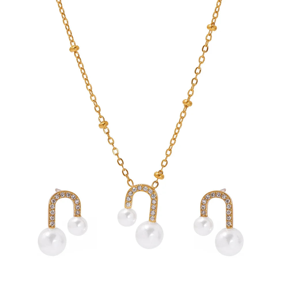 Fashion Collarbone Chain Earrings Set U-shaped Waterproof Pearl Zirconia Necklace Earrings for Women