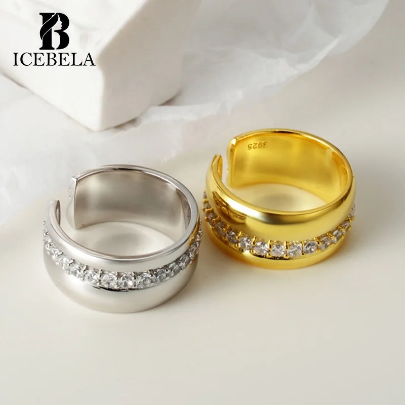 ICEBELA Fine Jewelry Genuine 925 Sterling Silver Open Adjustable C Shape Finger Ring Gold Plated Engagement Ring for Girls