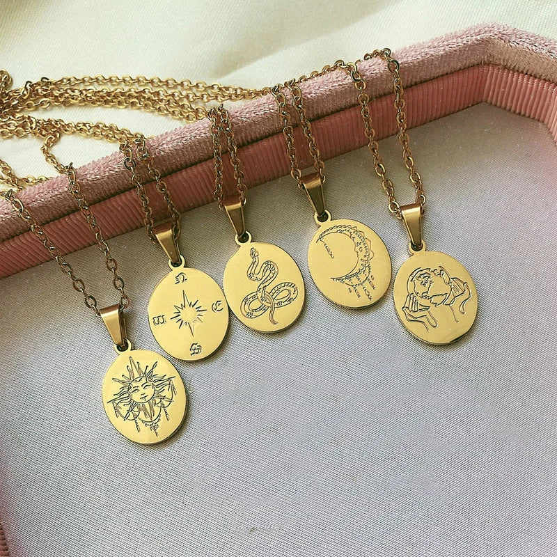 Women Jewelry Waterproof Compass Map 18k Gold Plated Woman Fashion Stainless Steel Necklace Sun Moon Snake Pendant Necklace