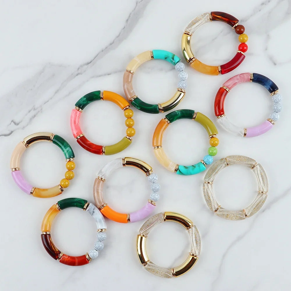 Newest Elastic Bamboo Tube Bracelets Women Multicolor Transparent Acrylic Beads Bangle Bracelet on Hand Wrist Jewelry Wholesale