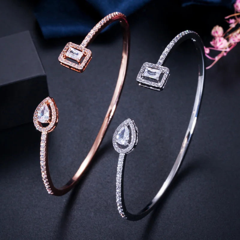 Fashion Exquisite Rose Gold and Silver Color Cubic Zircon Crystal Round Open Cuff Bangles for Women Dress CZ Jewelry Accessories