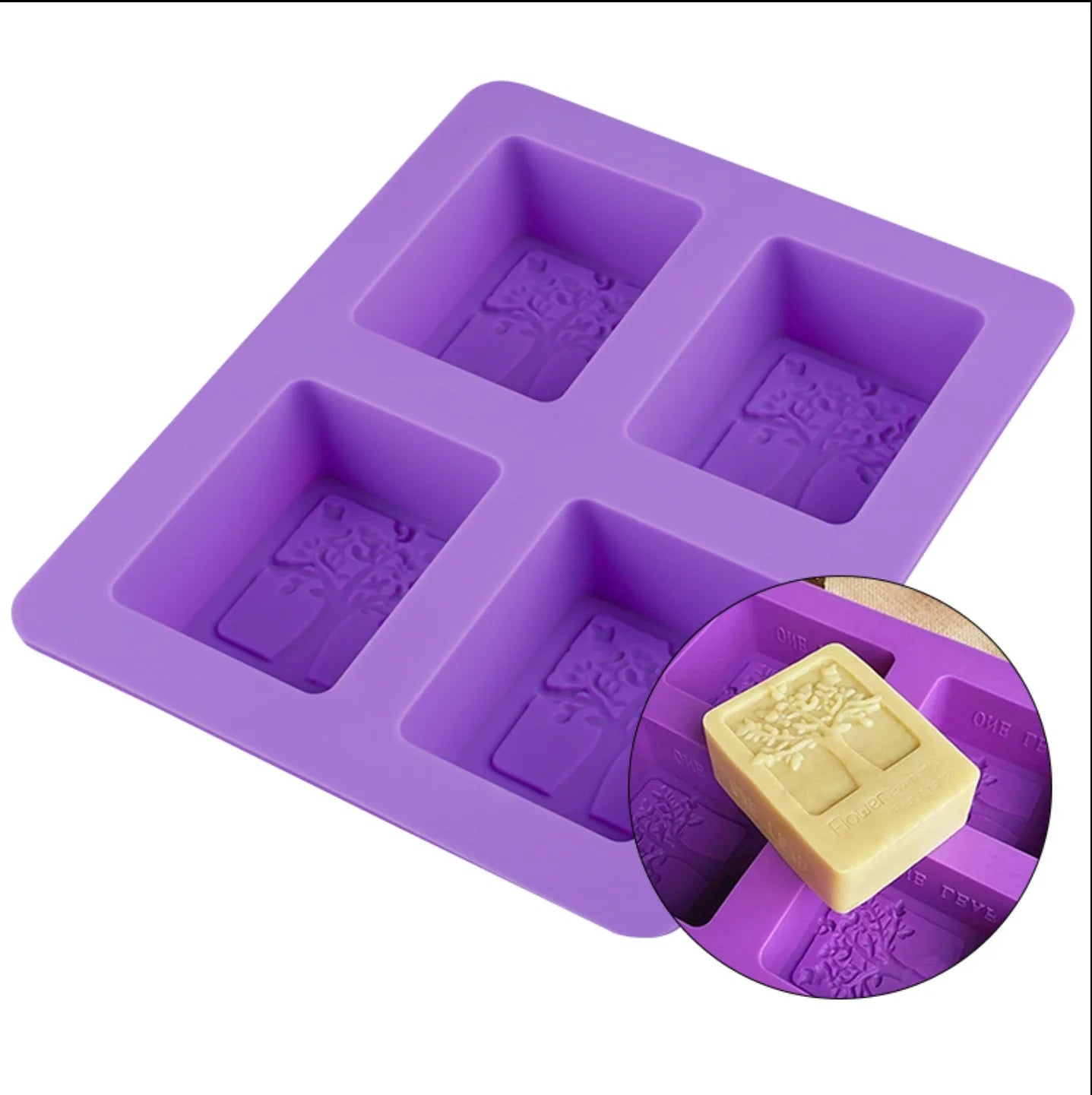 Hot Selling Food Grade  4 Cavities Happy Tree  Rectangle Soap Mould Handmade Silicone Soap Making Molds