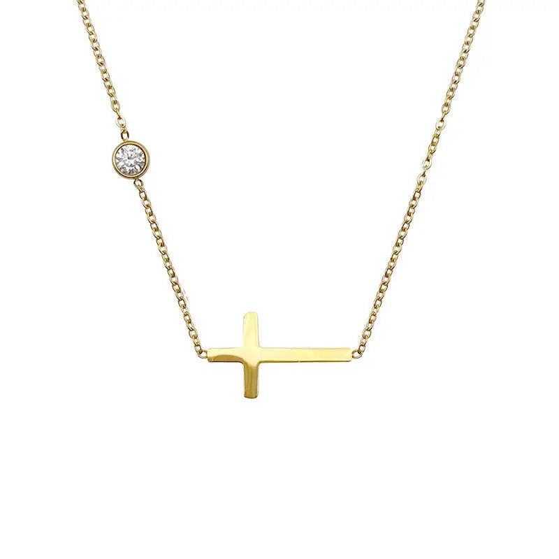 Fashion Dainty 18K Gold Plated Cross Round Zircon CZ Necklace Women Stainless Steel Small Cross Choker Necklace