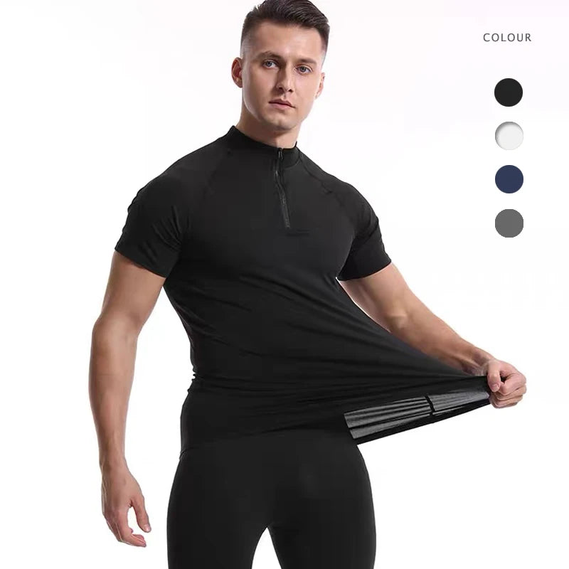 Men's Quick Dry Training T-Shirt With Stand Collar Zipper Short Sleeves Breathable Gym Stretch Tight Fit Running Shirts