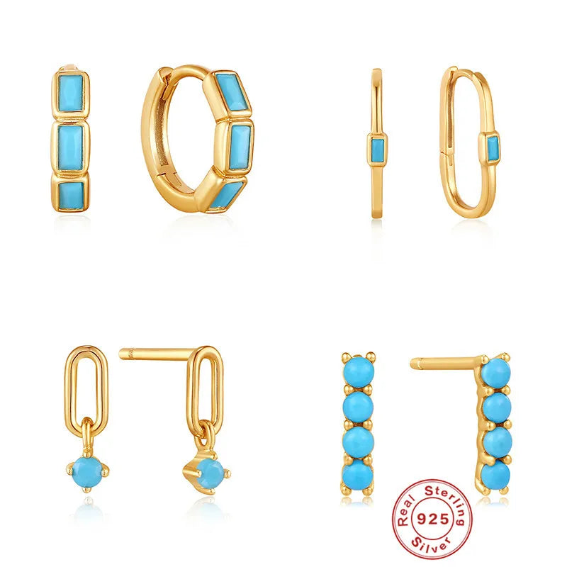 925 Sterling Silver Turquoise Hoop Earrings Gold and Rhodium Plated with Zircon for Parties