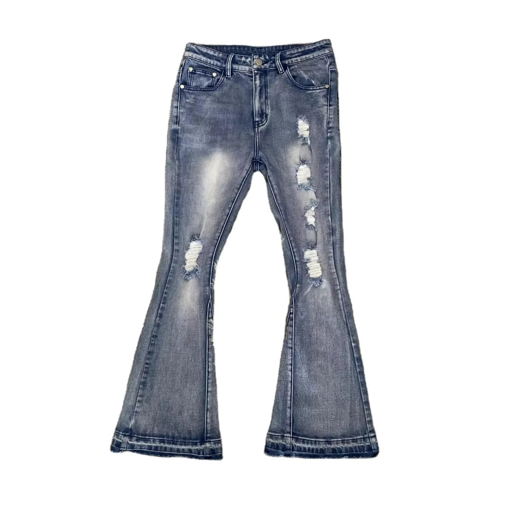 DENIMGUYS Streetwear Casual Distressing Flared Jeans Mens Ripped Baggy Stacked Bootcut Denim Pants Jeans