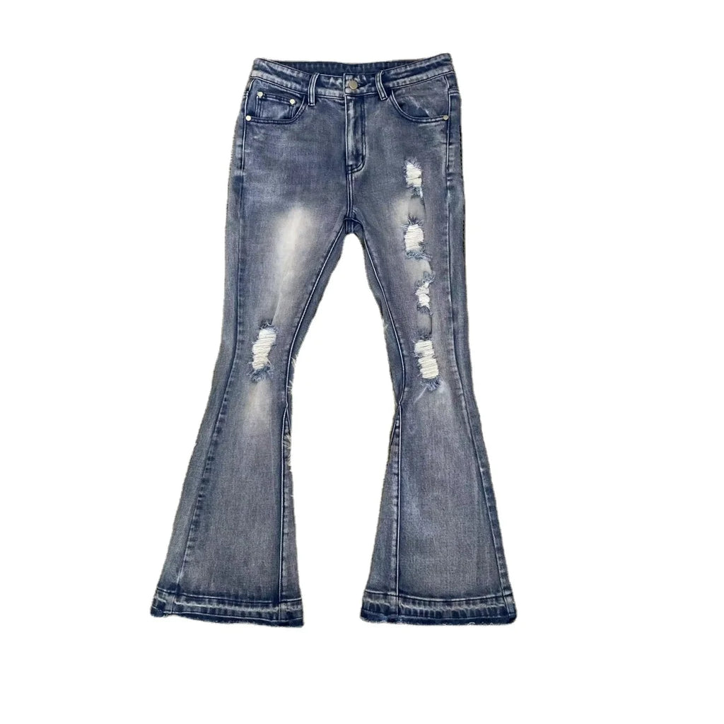 DENIMGUYS Streetwear Casual Distressing Flared Jeans Mens Ripped Baggy Stacked Bootcut Denim Pants Jeans