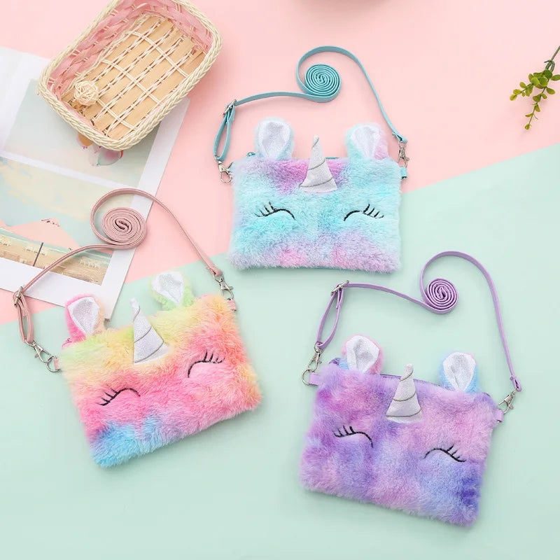 Wholesale Children Cute Cartoon Korean Stylish Fall Winter Unicorn Fur Crossbody Bags Kids Girls Coin Purse