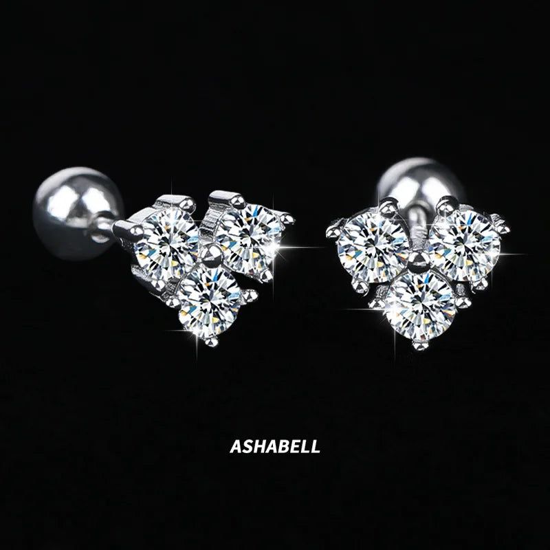 Simple S925 Sterling Silver Four-leaf Clover Petal Design Inlaid with Moissanite Twist Screw Earrings for Women