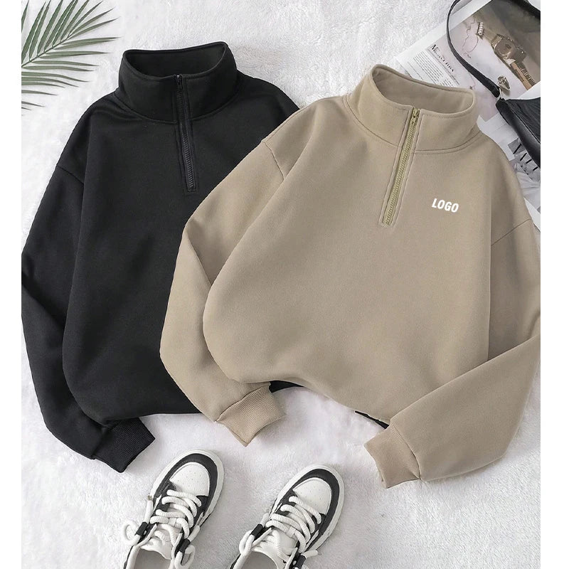 F240015 Custom Factory Pullover Loose Fit Sweatshirt Fashion Solid Color Half Zip Fleece Turtleneck Hoodies Unisex Women