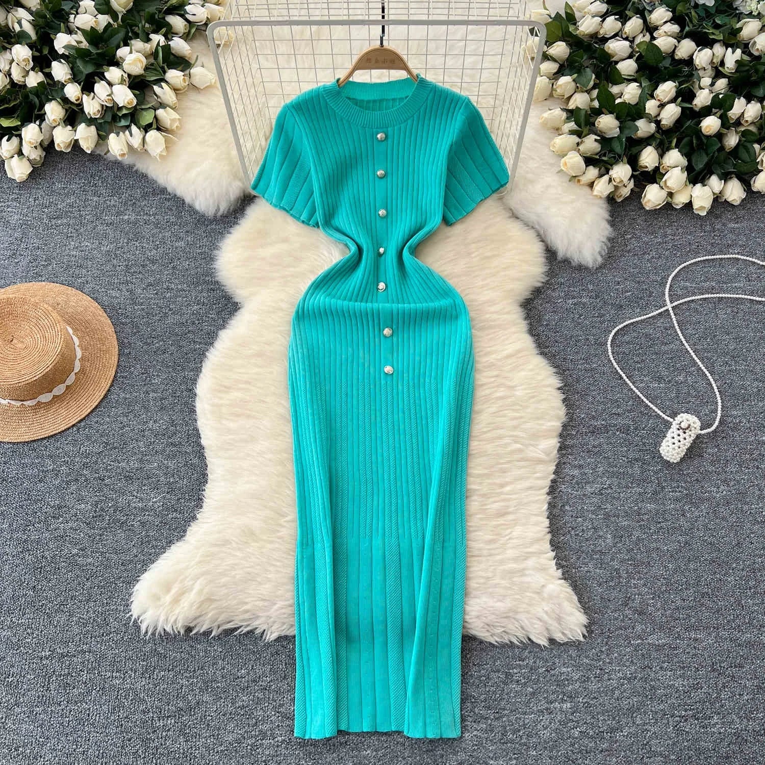 Knit Dresses Women New Round Neck Short Sleeve Slim Dresses