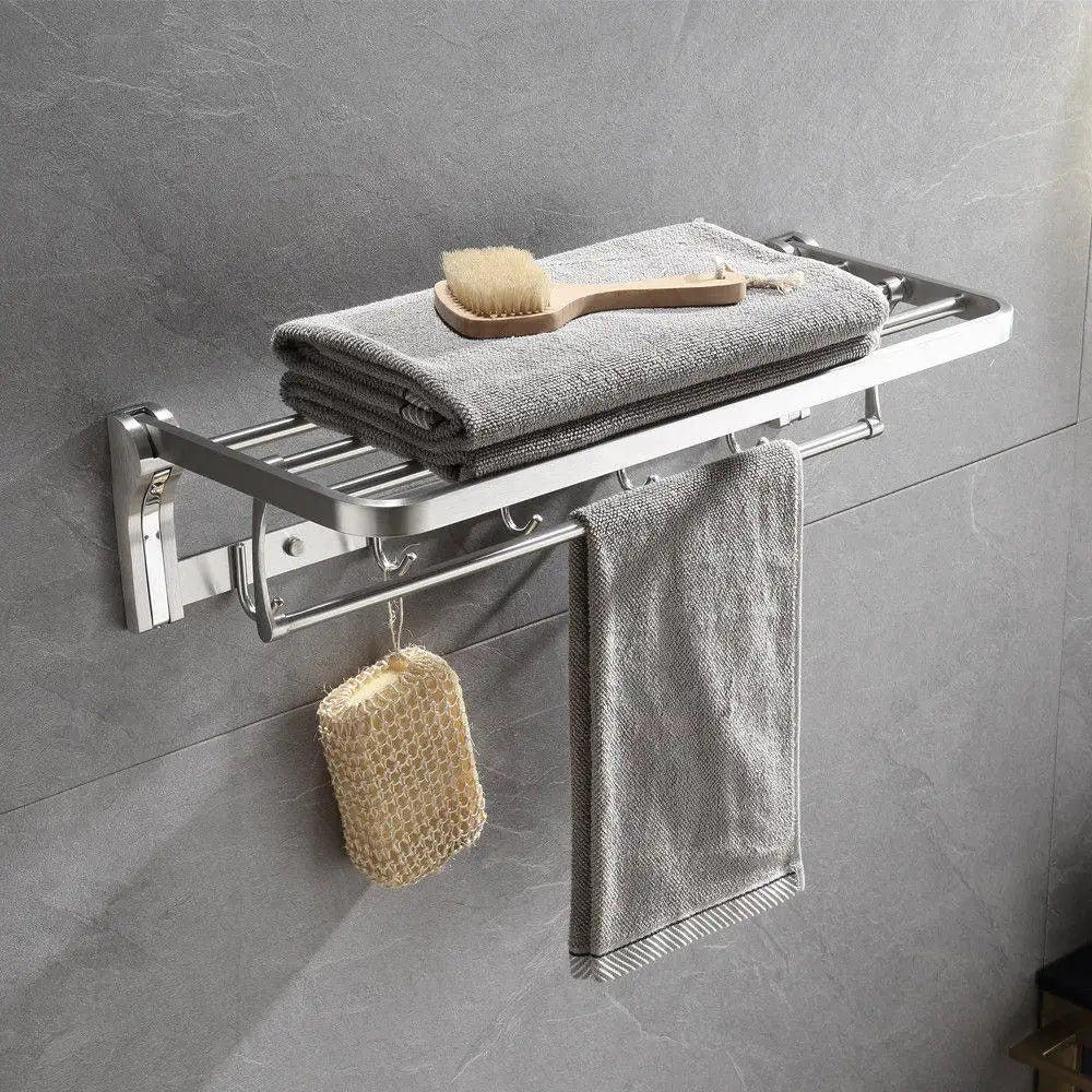 Hot Selling SUS 304 Modern Wall-Mounted Fixed Bathroom Shelf Holder Bar & Hooks Bracket Hanging Hotel Bath Towel Rack