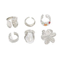 Fashionable and Exaggerated European Liquid Lava Flower Alloy Zircon Open Ring 6-piece Set for Women
