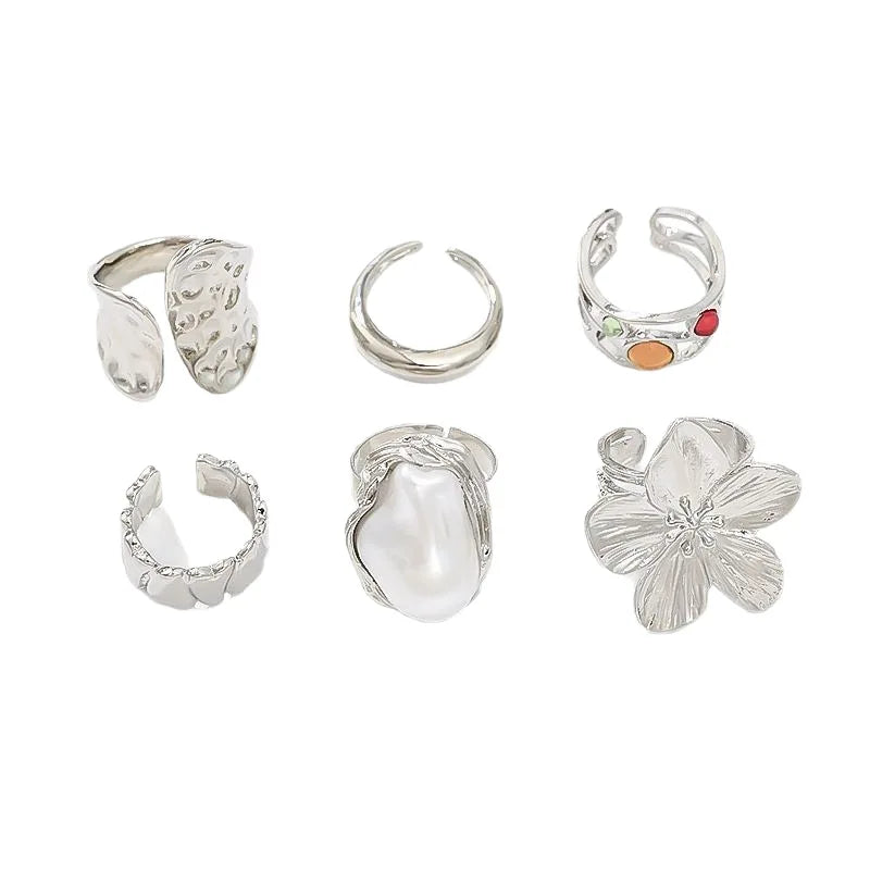 Fashionable and Exaggerated European Liquid Lava Flower Alloy Zircon Open Ring 6-piece Set for Women