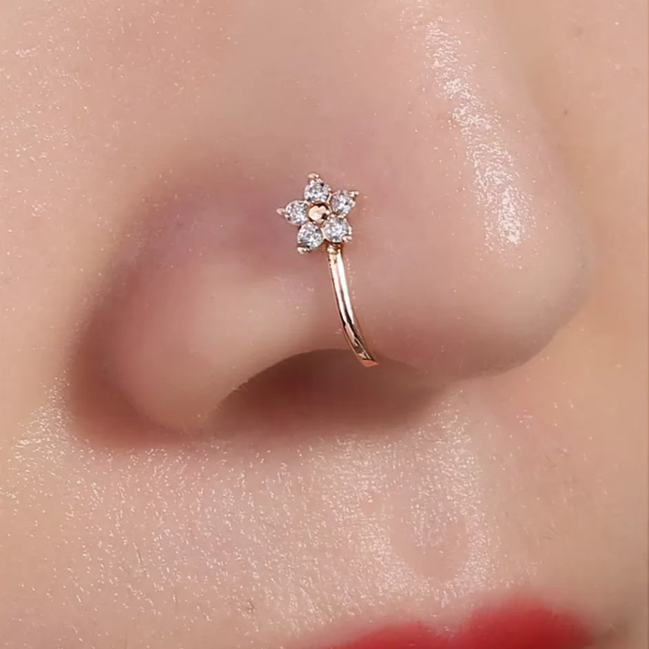 Set of 10 Gold Plated Five-Pointed Star Opal Flower Stainless Steel Nose Clamps Cute Non-Pierce Body Piercing Rings for Weddings