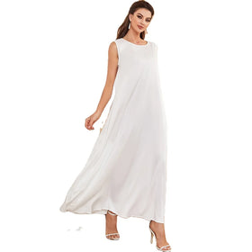 Good Quality White Color Silk Feeling O Neck Loose Size Matching All Clothes Sleeveless Women Dress